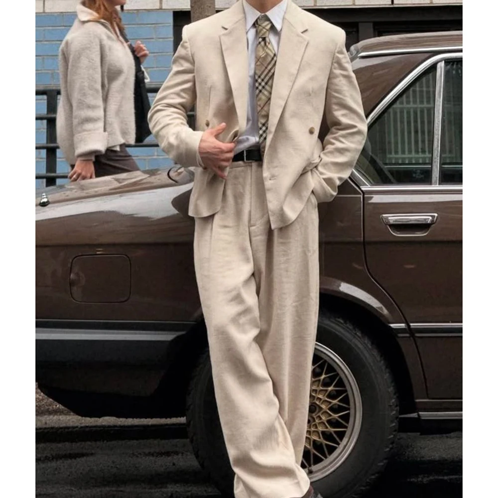 

Notch Lapel Men's Beige Double-Breasted Suit 2 Piece Sets Oversized Casual Formal Party Streetwear Fashion Outfit(Jacket+Pant）