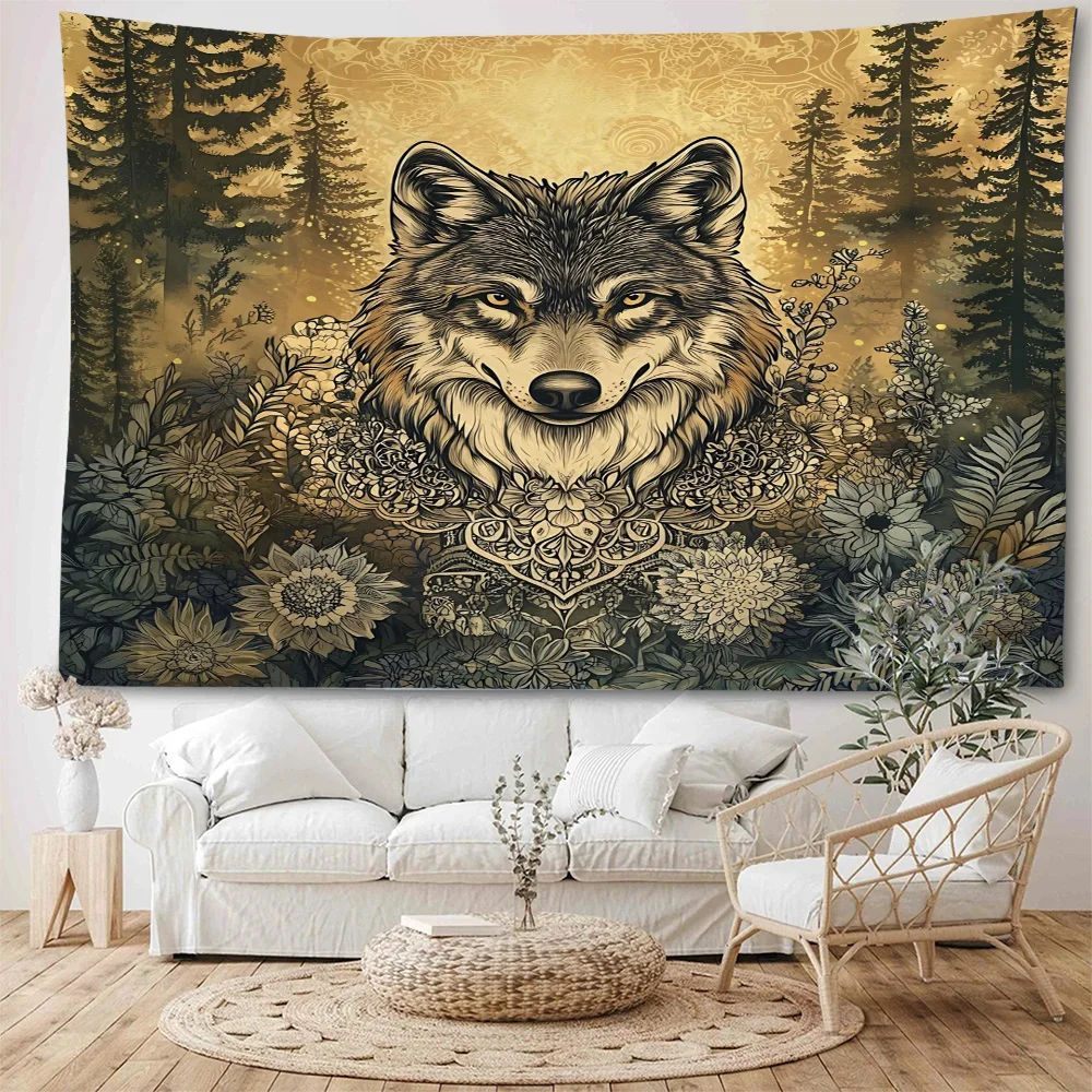 Fantasy Forest Wolf Background Decorative Tapestry: A Family of Wolves in the Forest Background Decorative Tapestry