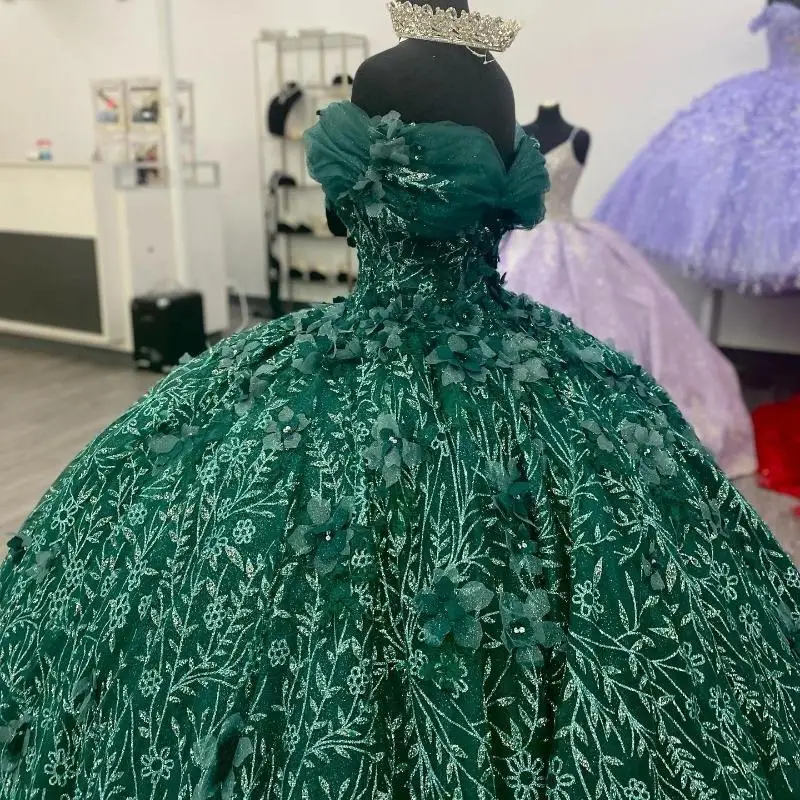 Vestido De quinceañera verde esmeralda, Apliques De encaje, cuentas, hombros descubiertos, dulce 16