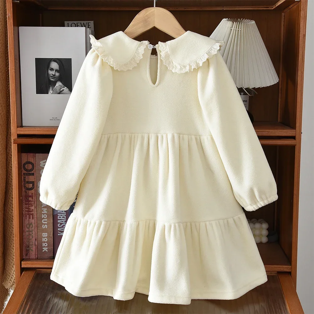 Autumn Sweet Cute Girl's Dress Beige Polar Fleece Lace Lapel Bow Long Sleeved Dress Korean Version Plain Children's Casual Wear
