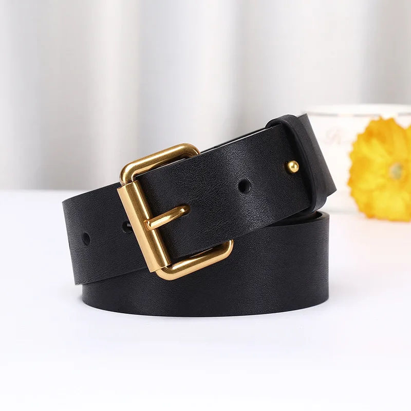 3.4CM Female Simple Personalized Trendy Genuine Leather Belt, Women's Top Layer Cowhide Korean Version Needle Buckle Pants Belts