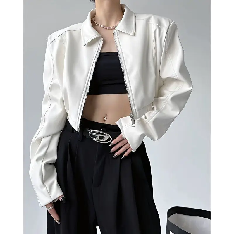 Women's Fashion Cropped Faux Leather Jacket Vintage Stand Collar Balloon Sleeve Biker Style PU Leather Coat Streetwear Outfit