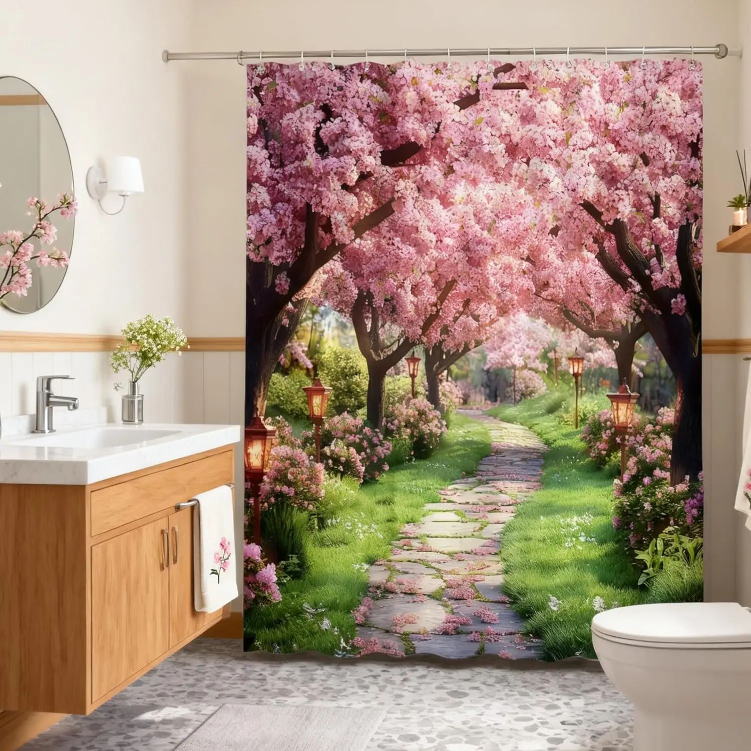 Pink Floral Shower Curtain Farmhouse Cherry Blossom Rustic Flowers Blooming Nature Scenery Park Trees Road Landscape Garden