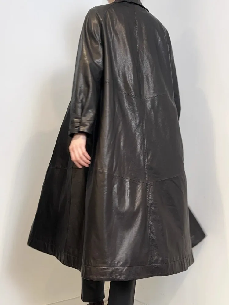 Italienische Designer Frauen Schaffell Echtes Leder Lange Jacke Büro Damen Herbst Arbeit Trenchcoat Lose Fit Windjacke Outwear