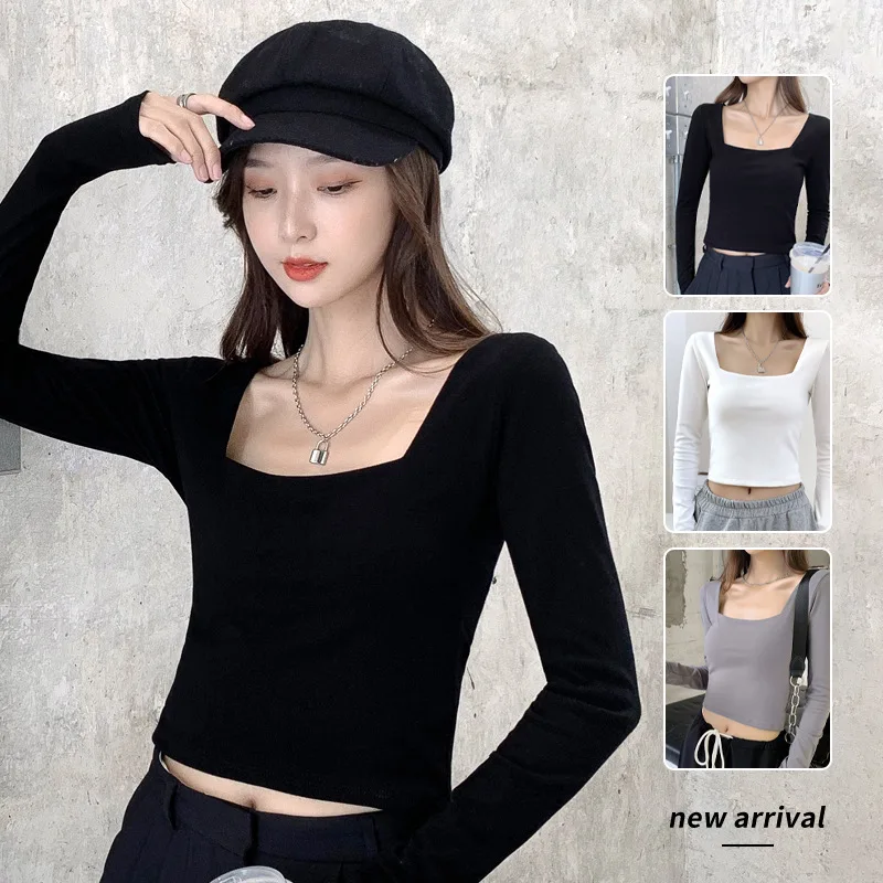 

Square Neck Top Women's Long Sleeved T Shirt Spring Autumn and Winter Slim Fitting Sexy Short Design Shirt