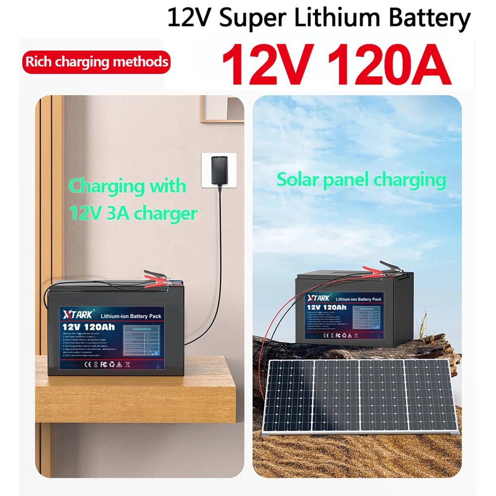 

12V 120Ah Rechargeable Battery With BMS for solar energy, Fish Finder, Scooter, Light, Kids Car, with Charger lithium battery