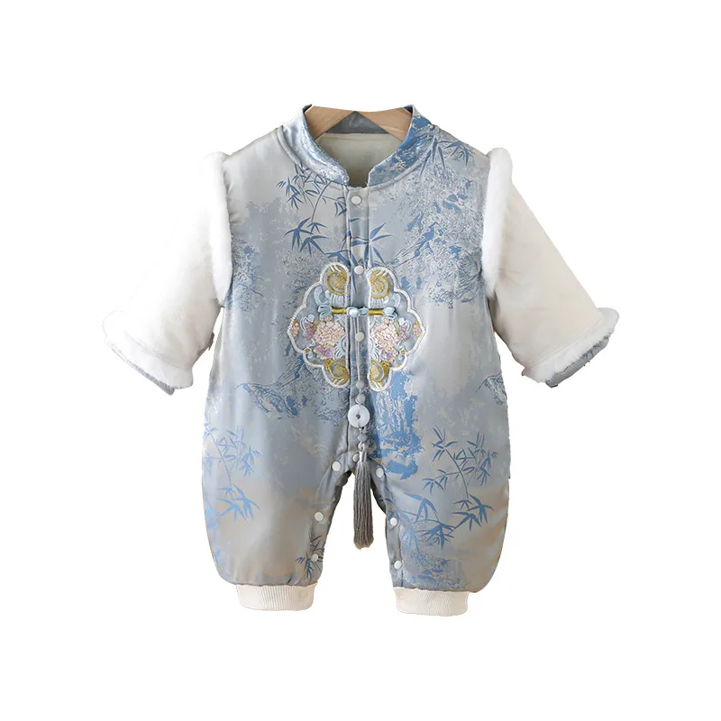 

2025 New Blue High Quality A-class Baby Clothing Winter Edition with Velvet and Cotton Intercalation Chinese Style Jumpsuit