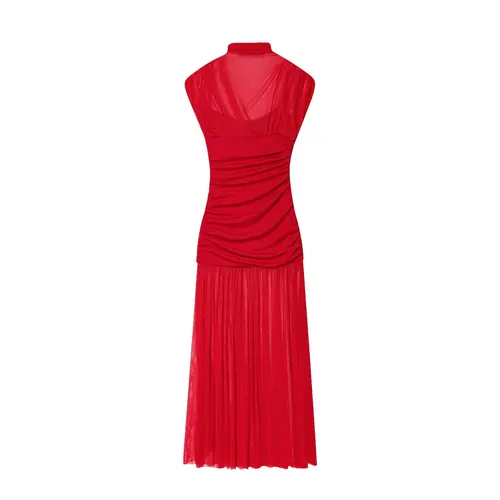 Imagen 2 del producto BSAY, decoración plisada para mujer, nuevo artículo de otoño, vestido MIDI empalmado de malla de seda de color sólido sin mangas con cuello levantado 2025