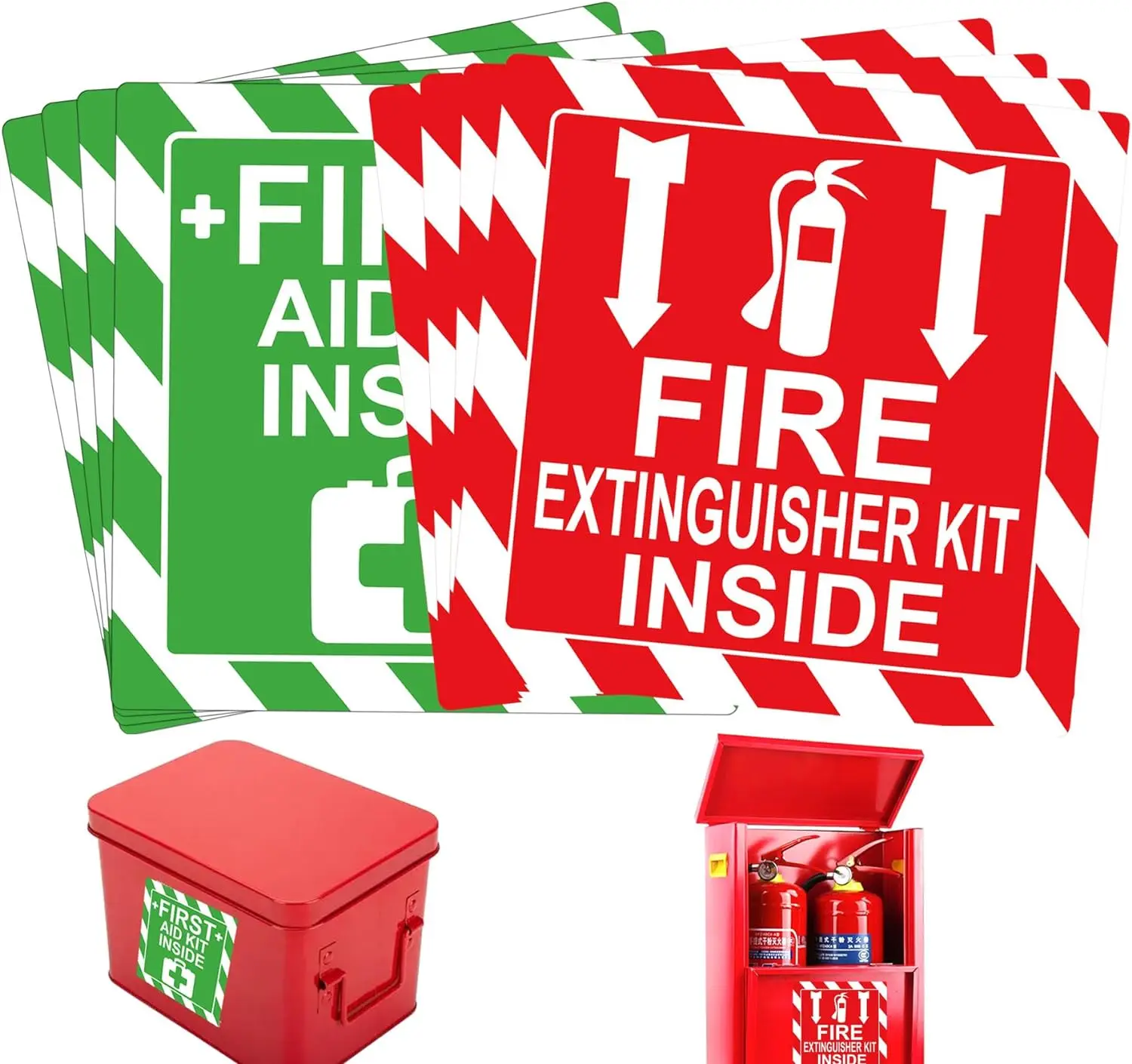 

4 Inch Green First Aid Kit Inside Red Fire Extinguisher Inside Stickers Safety Sign First Aid Kit Sign Decals UV Resistant 8pcs