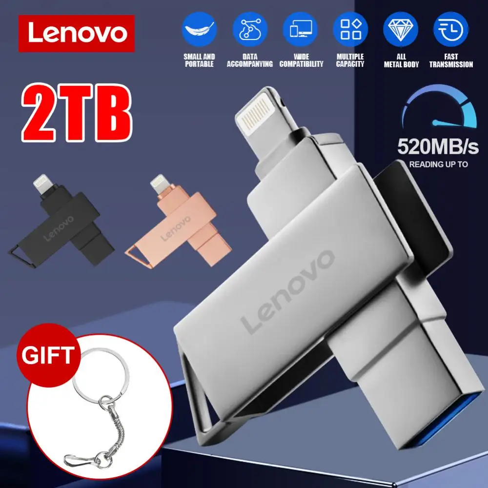 Lenovo-Unidade Flash USB, Pendrive com interface USB 2 em 1 para Lightning, Android, iPhone 14 Pro Max, 128GB, 2TB