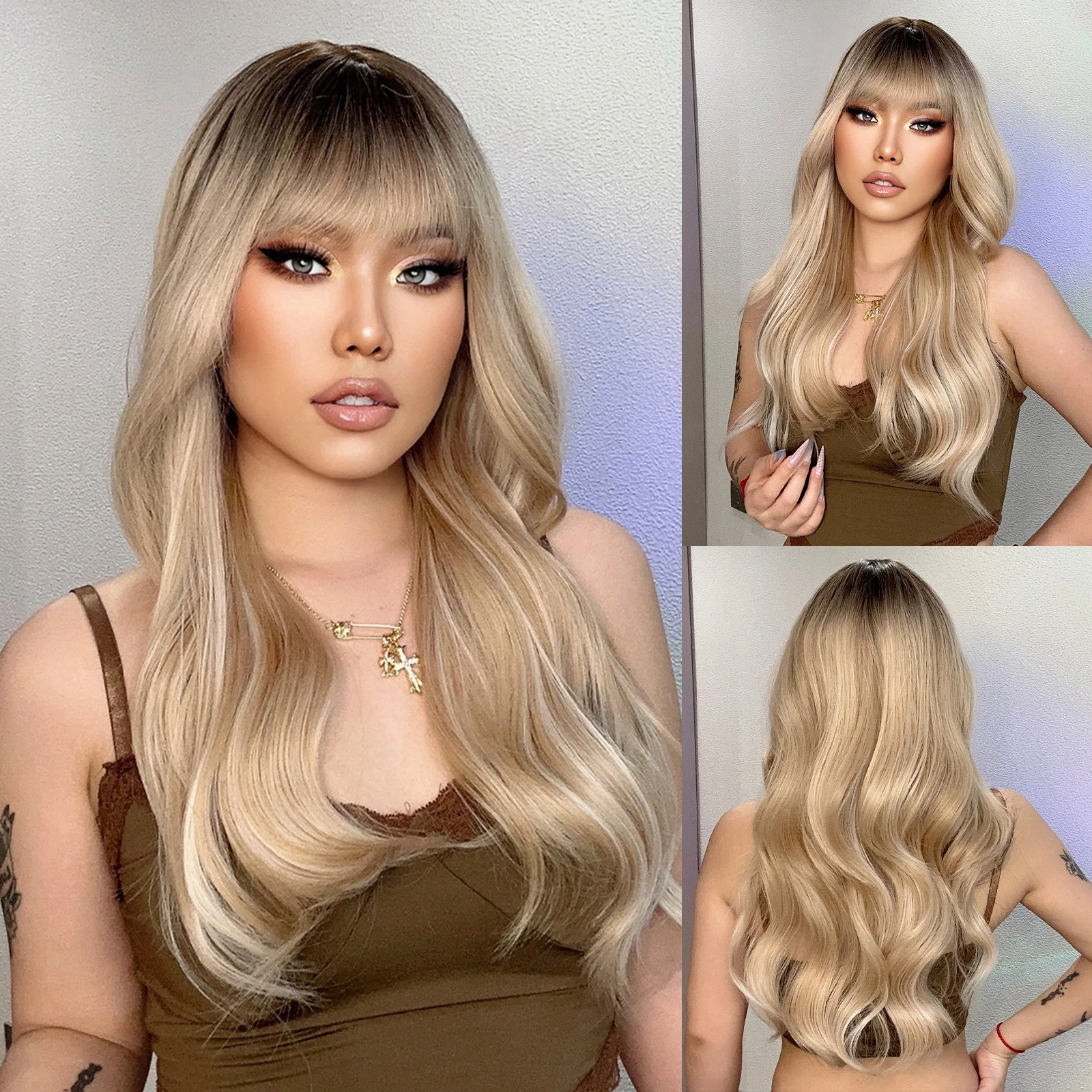 Synthetic Blonde Cosplay Wig Long Wavy Mixed Light Blonde Women Wigs with Bangs Natural Wave Wigs for Daily Use Heat Resistant