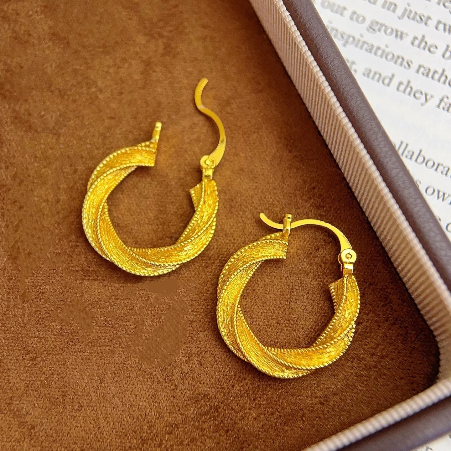 Luxury 24K 9999 Pure Gold real gold Women's wire-drawing mobius earrings twist circle earrings