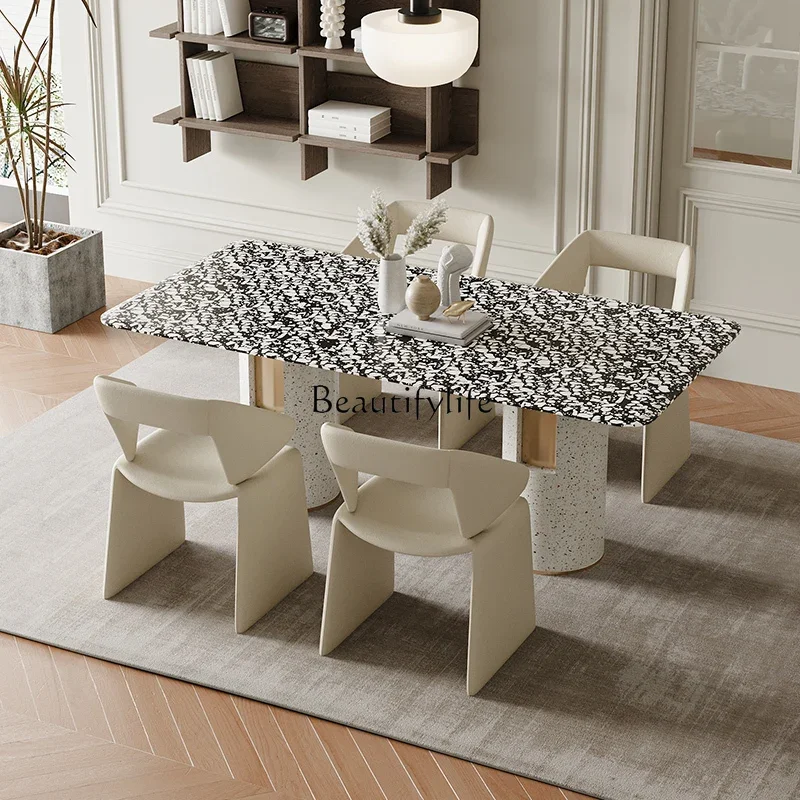 French cream style dining table household small apartment marble rectangular terrazzo dining table