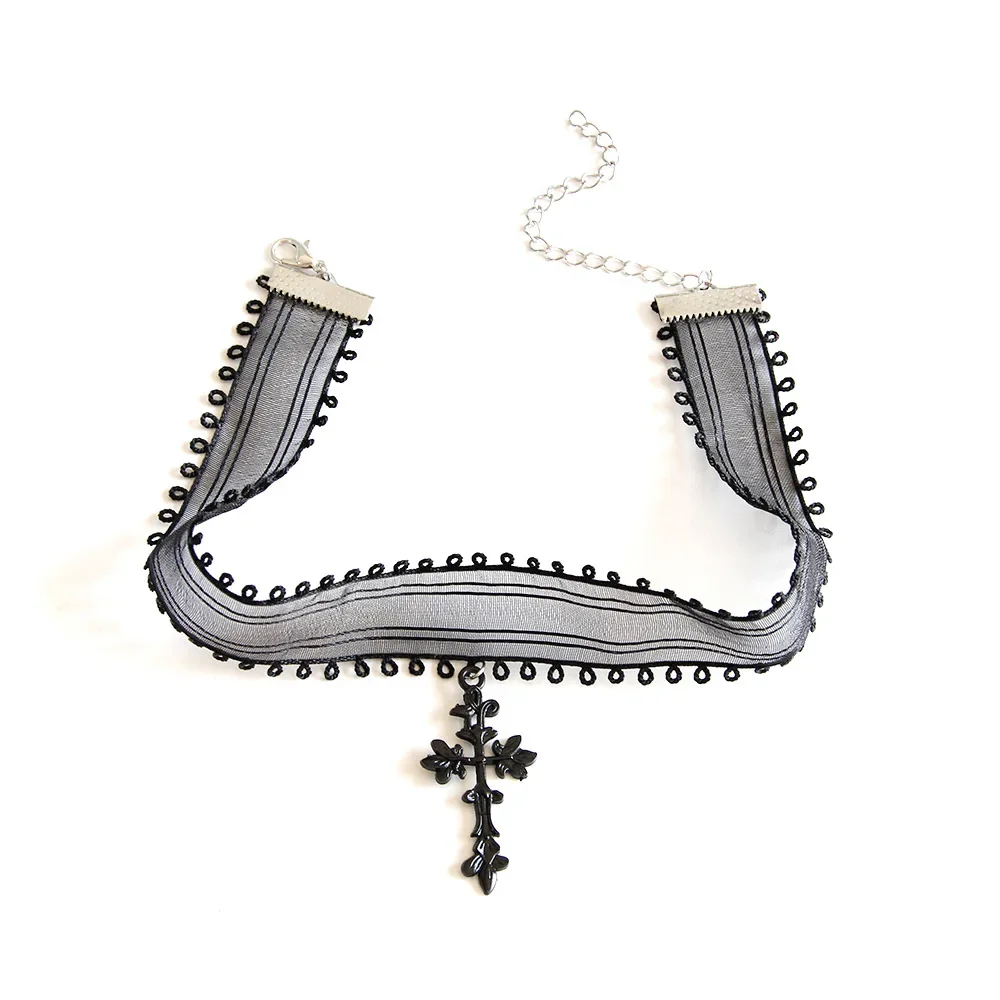 Gothic Cross Necklace Punk Dark Style Black Gauze Sexy Necklace For Women Girl Torques Halloween Jewelry Birthday Party Gift New