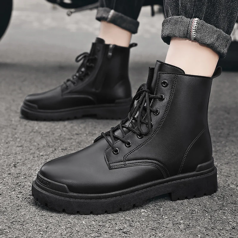 Brand Boots Autumn Winter New Leather Ankle Boots Men\'s Motorcycle Boots Lace Up Trend Short Boots Youth Round Toe Work Shoes