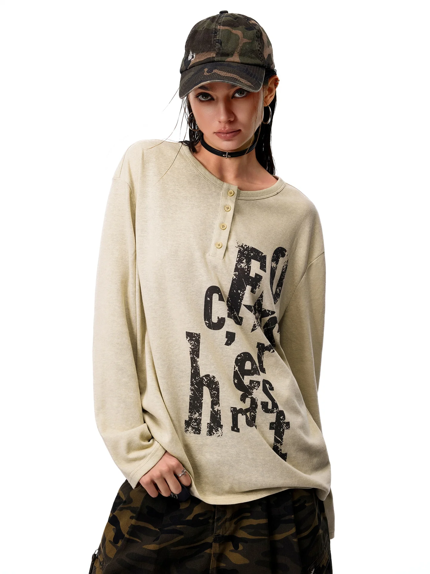 

Женская свободная футболка с длинным рукавом, воротником хенли, американским принтом, в стиле ретро, повседневная, свободного кроя