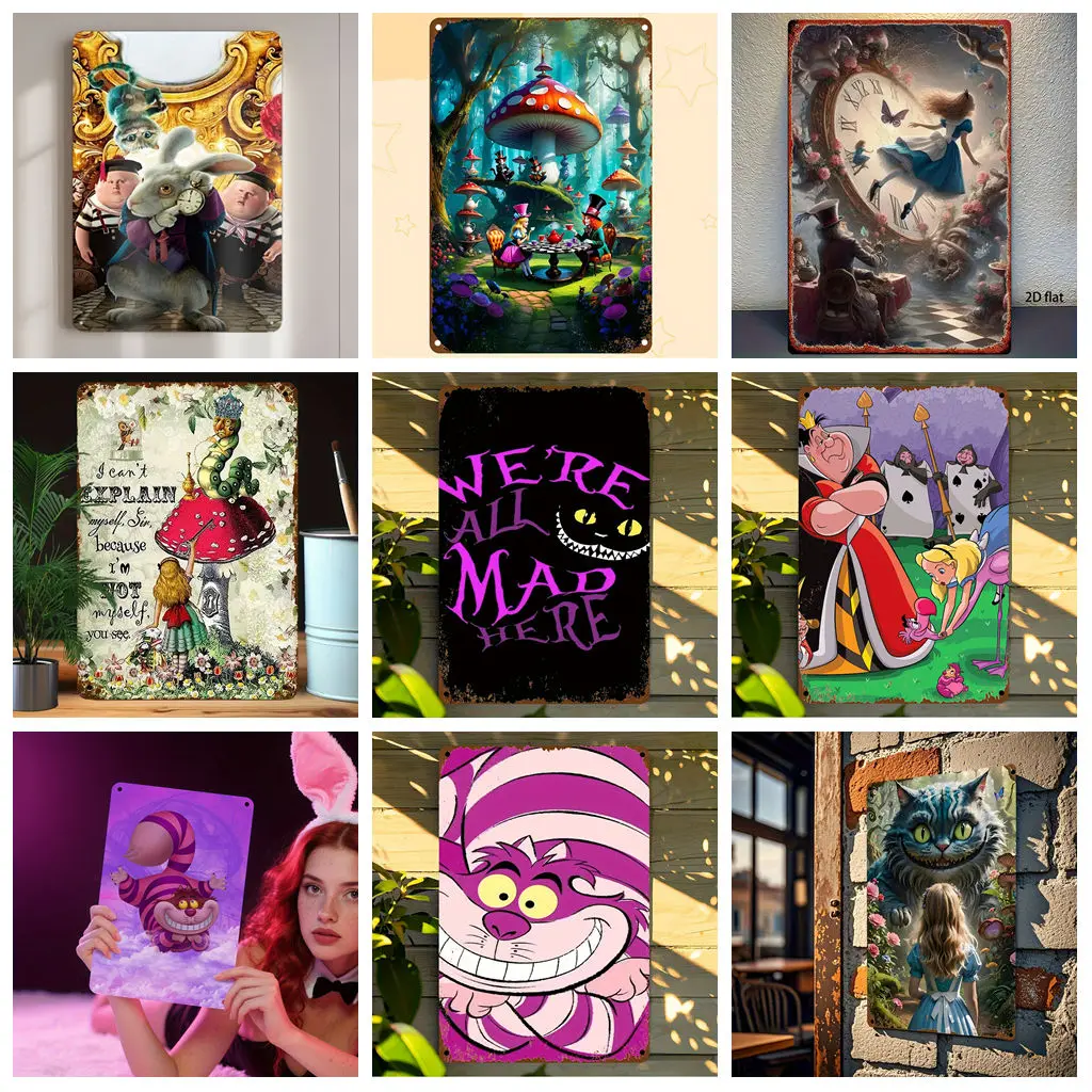 

Miniso Alice in Wonderland Scene Poster Metal Plaque Retro Decorative Plate Bar Garage Club Metal Sign Wall Decoration