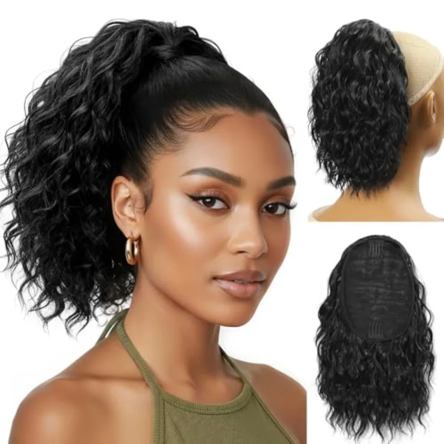 

Ponytail Extension Drawstring Ponytail for Black Women, Synthetic Hair, Black, Short Wavy Curly Fluffy Natural-Looking Ponytail