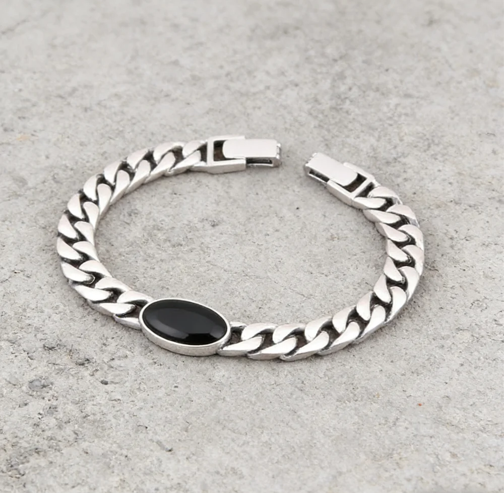 Personality Retro S925 Sterling Silver Tank bracelet Retro Trendy Men's Inlaid Black agate Cuban bracelet Simple Fashion Jewelry 4