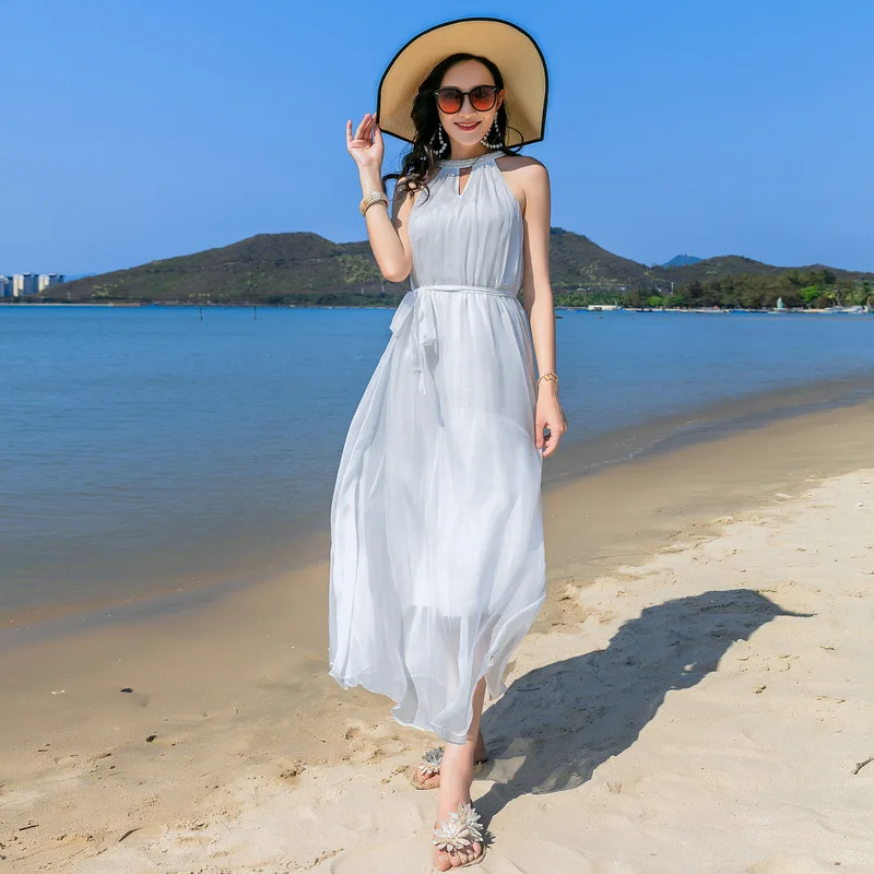 Women Christmas Party dresses Shell 100%Silk Summer Beach Dress Women Natural Fiber High Quality Elegant Long dresses White