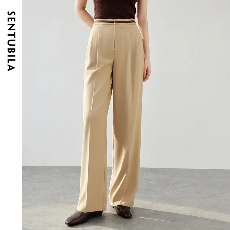 SENTUBILA Patchwork Woven Tape Pants for Women 2024 Autumn Fashion Solid Inverted Pleat High Waist Wide Leg Pants 143K56161