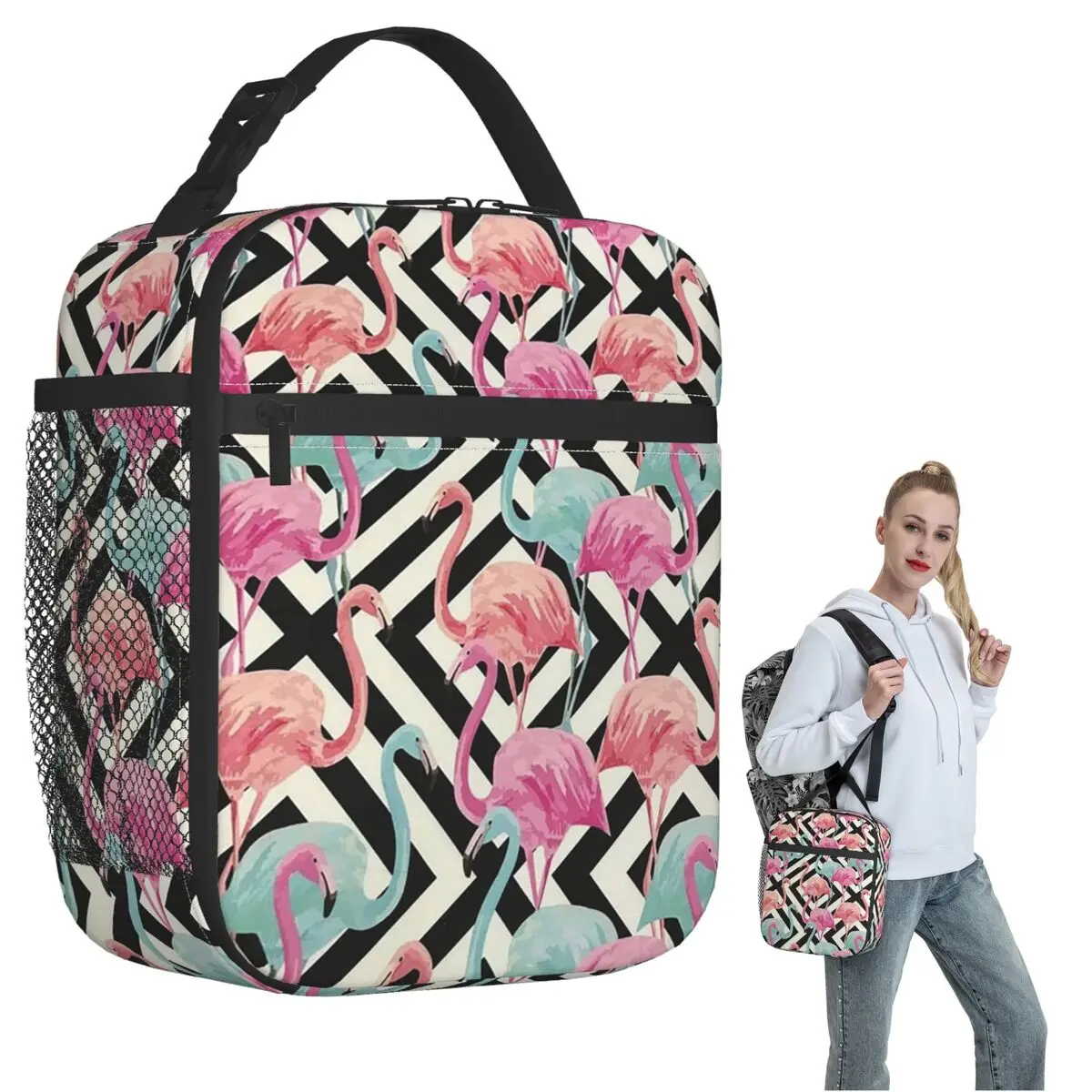 

Черная полосатая сумка для обеда с рисунком фламинго для женщин и детей, герметичные контейнеры для еды, термосумка для обеда