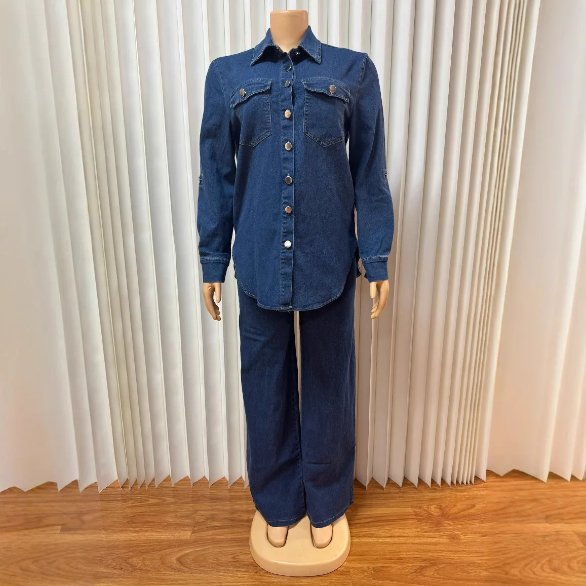 النساء الدنيم 2 قطعة مجموعات معطف الجينز جيوب واحدة الصدر رفض طوق وتتسابق المتعثرة سترة مستقيم السراويل دعوى 2025 #4