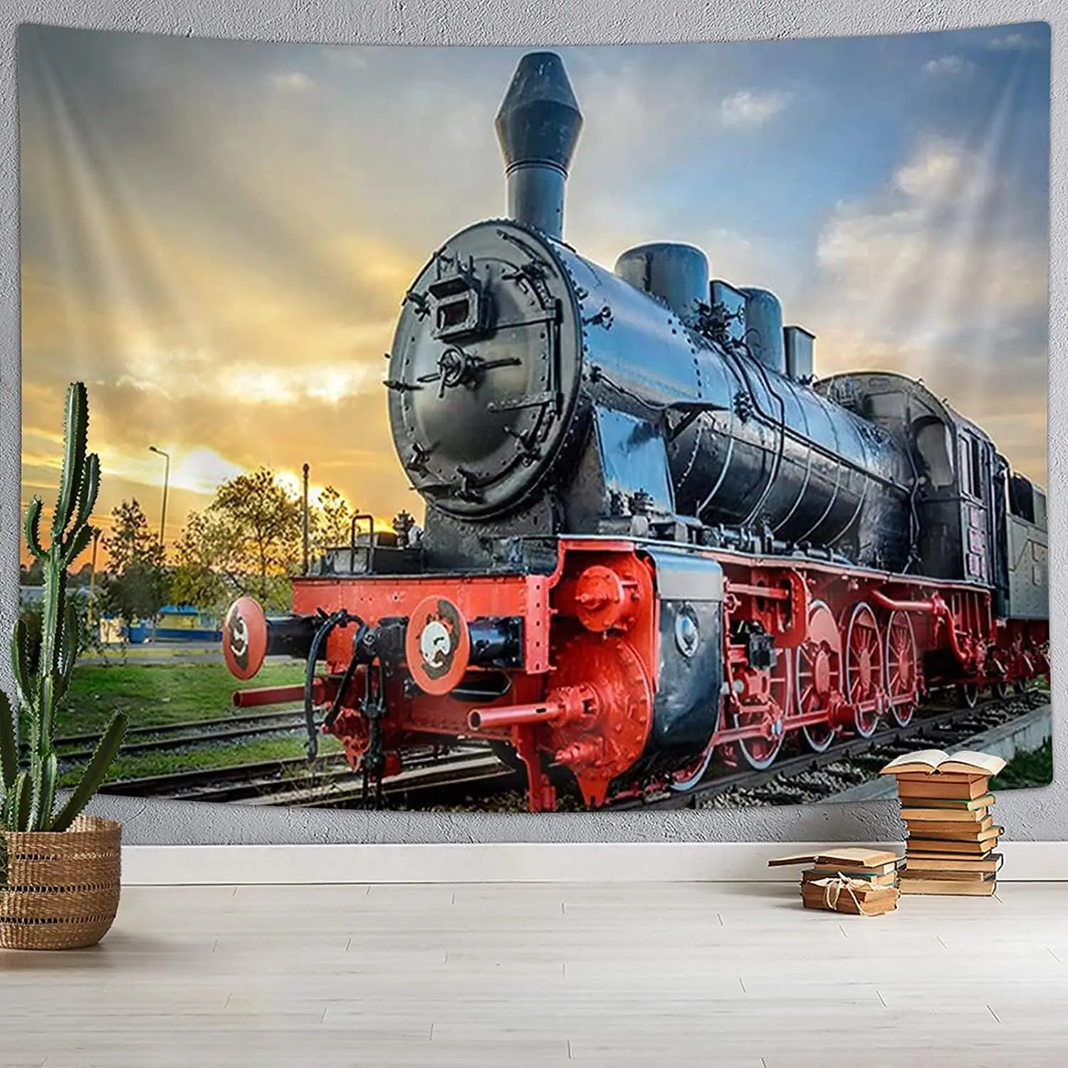 Steam Train Tapestry, Old Engine Train on Railroad Track Tapestries,Natural Scenery Sunset Sunrise Wall Hanging Home for Bedroom