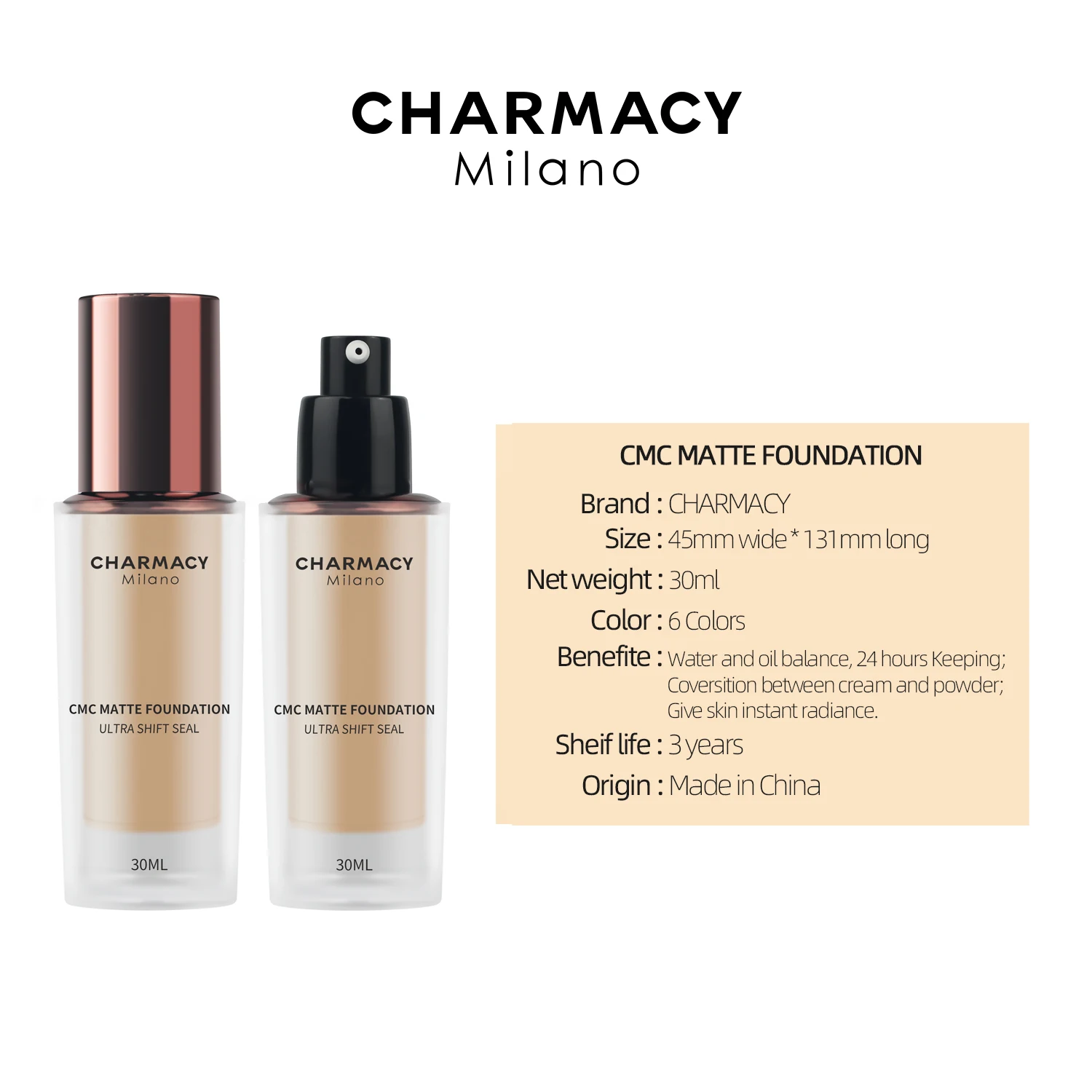 CHARMACY Brighten Foundation Base Liquid Concealer Waterproof Makeup Long Lasting Oil Control Matte Primer Foundation Cosmetics