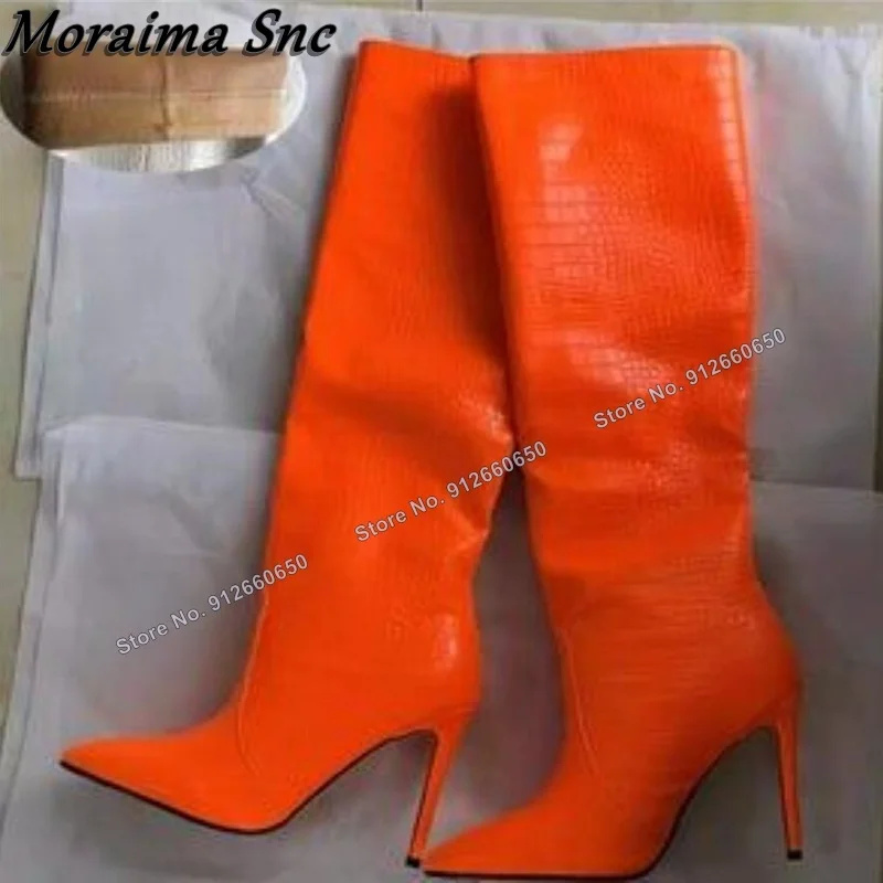 

Moraima Snc Orange Slip on Stone Print Boots for Women Pointed Toe Knee High Boots Stilettos High Heels Runway Shoes on Heel