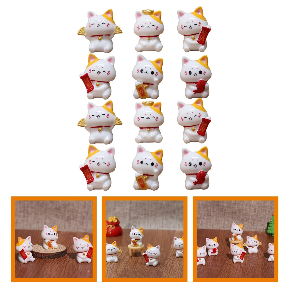 12 Pcs Miniature Lucky Cat Kitten Danimals Statue Modeling Decor Resin Decorations for Home Figurines