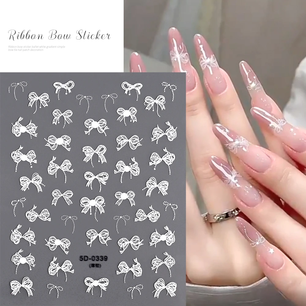 1Pcs White/Pink Bow/Ribbon 5D Nail Art Stikckers Kawaii Bowknot Self-Adhesive Slider Wedding/Valentine's Day Manicure Decals *&# image 4