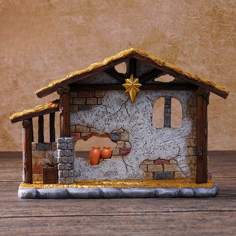 11cm Christmas Nativity Stable Set with House, Large Combinable Resin Figurines for Home Display, Gift Box Included
