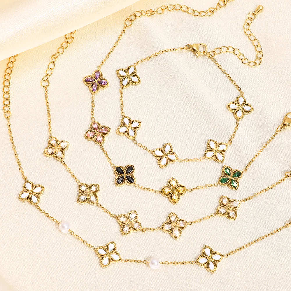 Clover Zircon Bracelet for Women, 18K Gold Plated Stainless Steel Luxury Flower Jewelry, Stylish High-end Must-have Jewelry