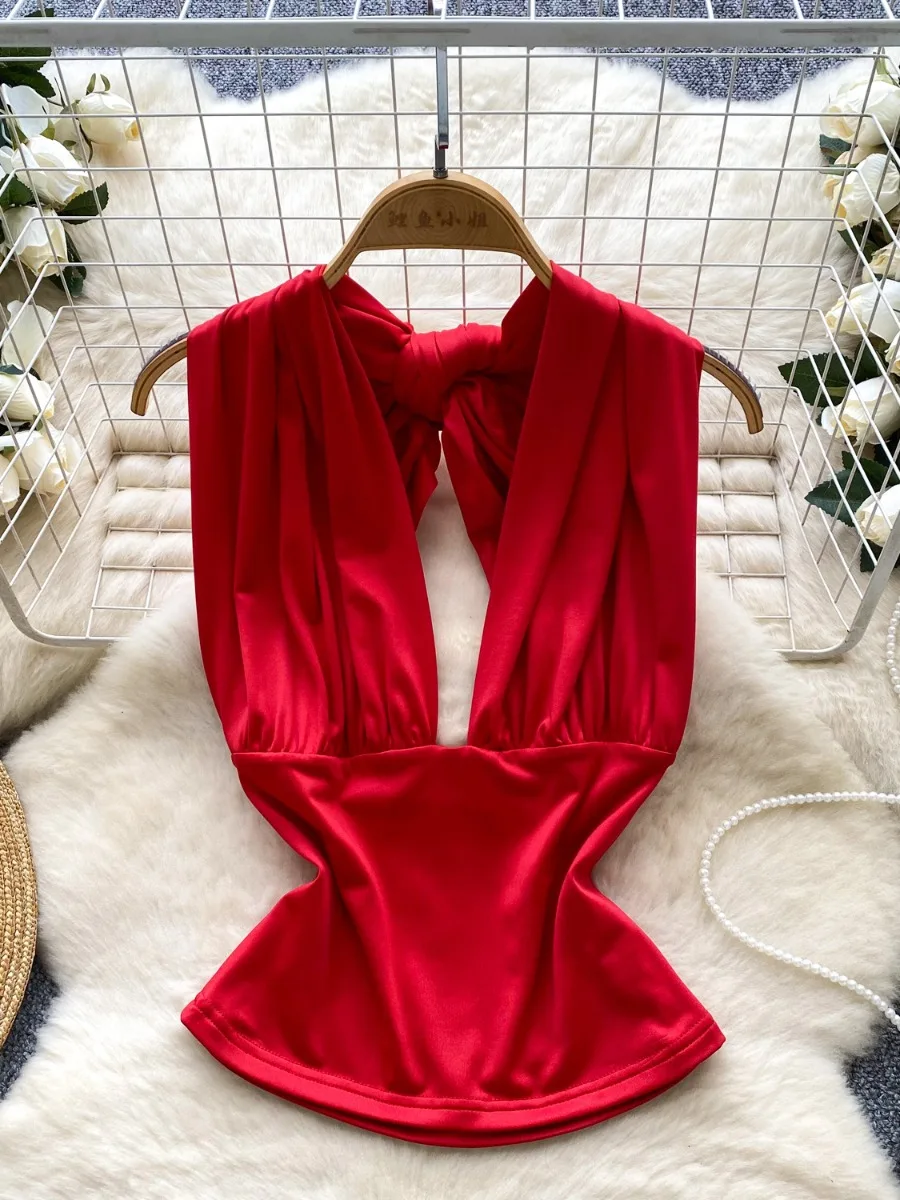 

Foamlina Hot Girl Sexy V Neck Bust Enhancing Halter Strap Vest Camisole Slim Fit Backless Blouse Crpp Top