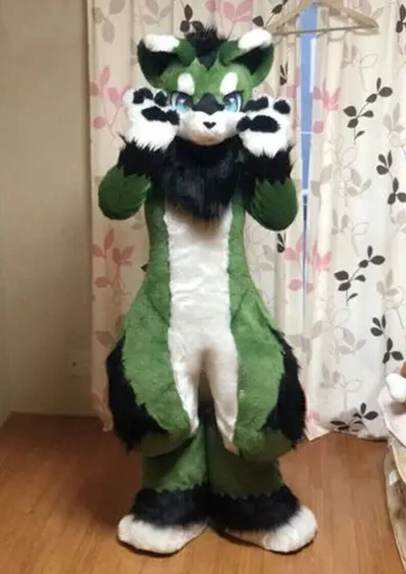 Green Husky Fox Walking Long Fur Cosplay Mascot Costume Party Advertising Dress