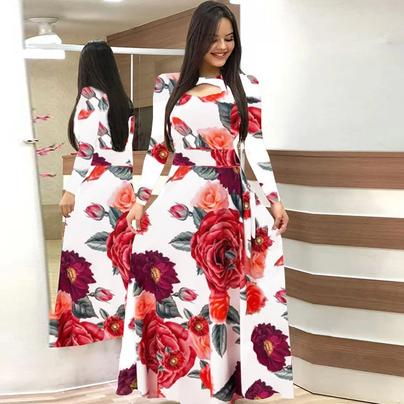 Women\'s Autumn Printed Long Sleeved Slim Fit Vestido 2024 Fashion Round Neck Flower Hollow Maxi Dresses Roupas Mujer 5XL