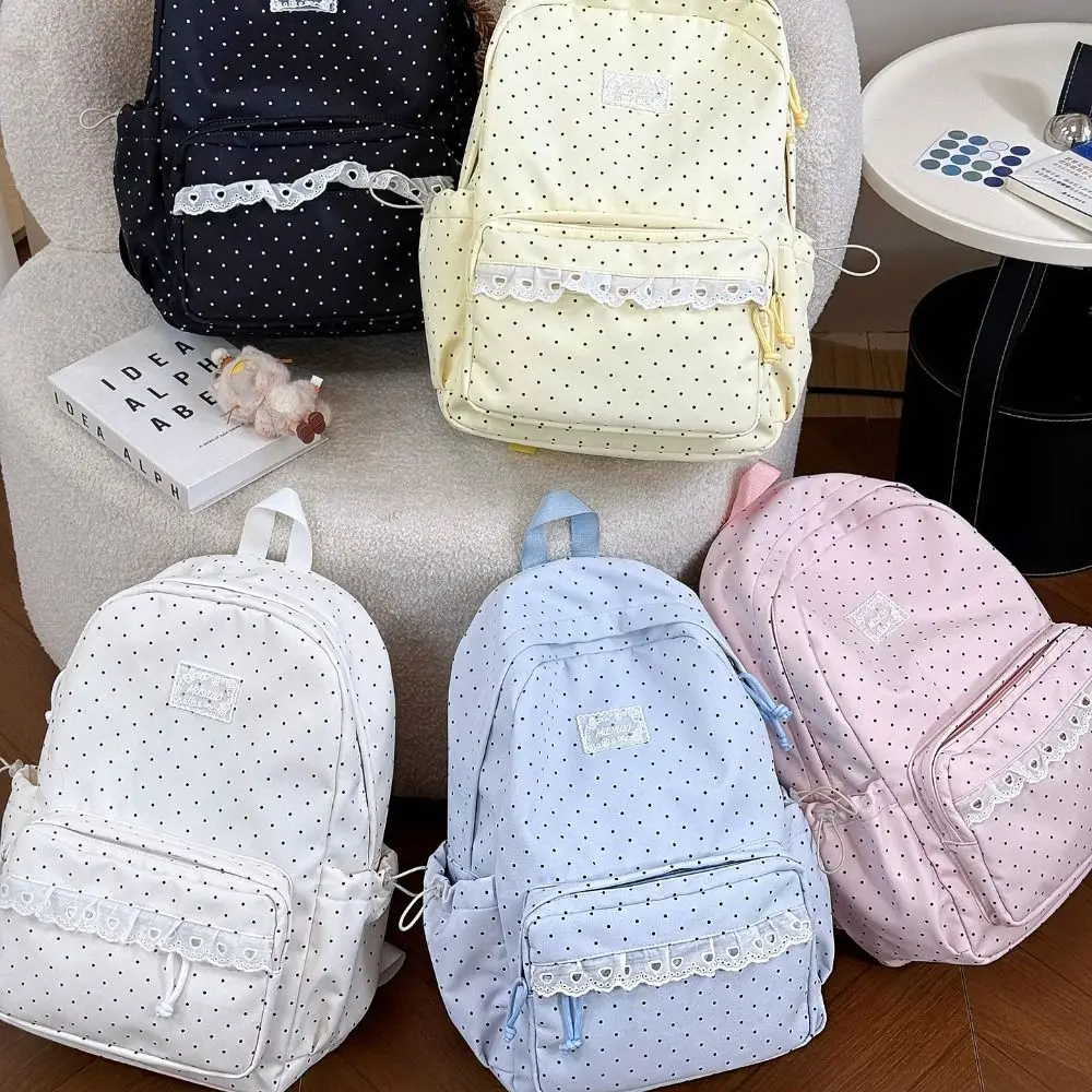 Modischer Süßer Polka-Dot-Rucksack mit Minimalistischem Schleifendesign und Spitzenbesatz, Leichter, Strapazierfähiger Schulrucksack für Schüler und Pendler – Detail 3
