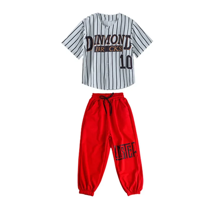 Striped Baseball Cardigan Shirt Top Streetwear Jogger Sweat Pants for Girl Boy Jazz Dance Costume Clothes Kid Hip Hop Clothing