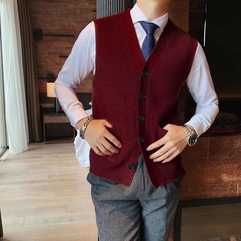 Men's Sweater Vest V-Neck Sleeveless Knitted Button Cardigan DXL Big and Tall Solid Thickened thermal coat knitted vest