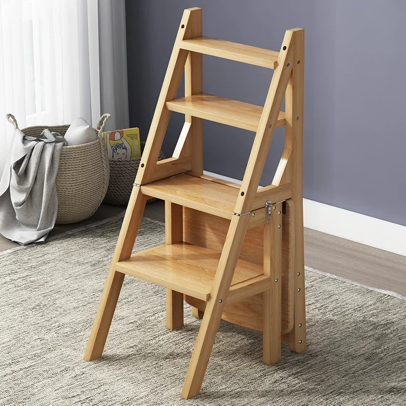 Home Solid Wood Multifunctional Two-step Folding Ladder Step Stool Indoor Climbing Ladder Dual-use 2/3   Ladder