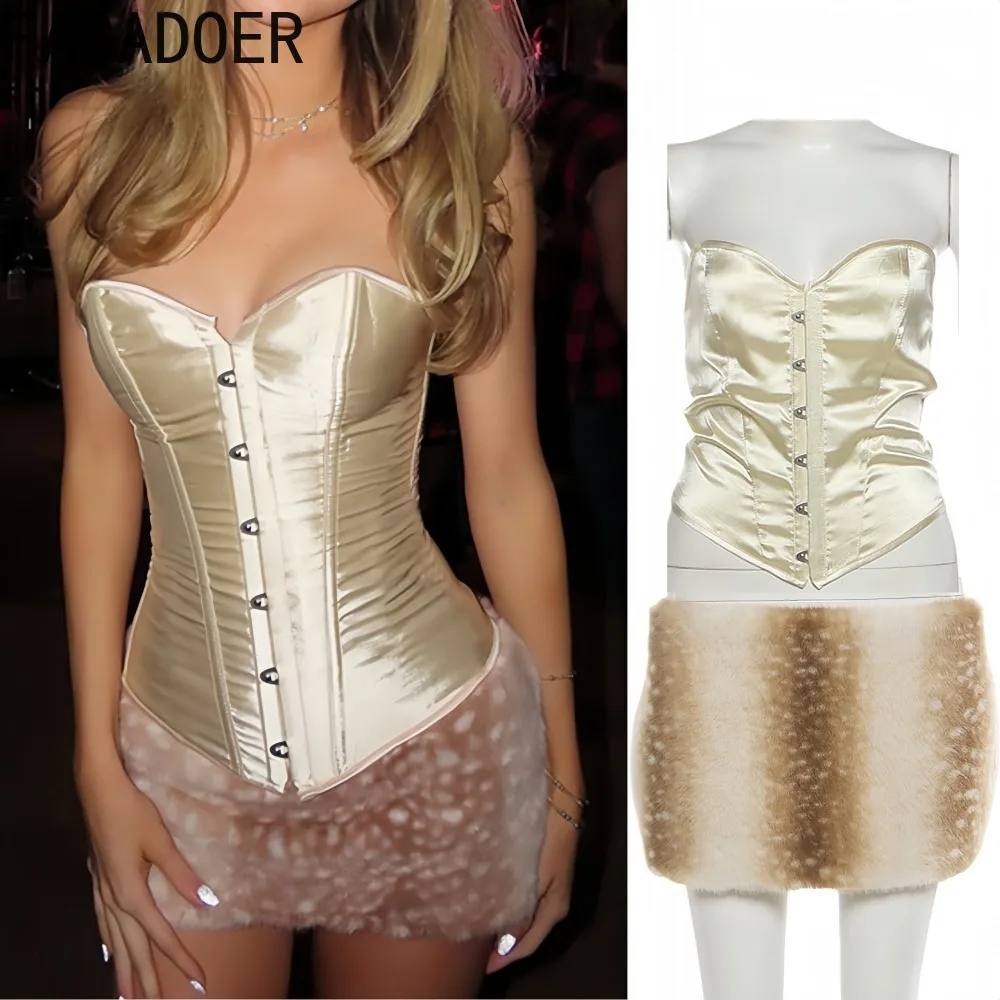 

FAGADOER Winter New Fashion Two Piece Outfits Woman Sleeveless Backless Single-breasted Crop Top + Fur Shorts Female Streetwear