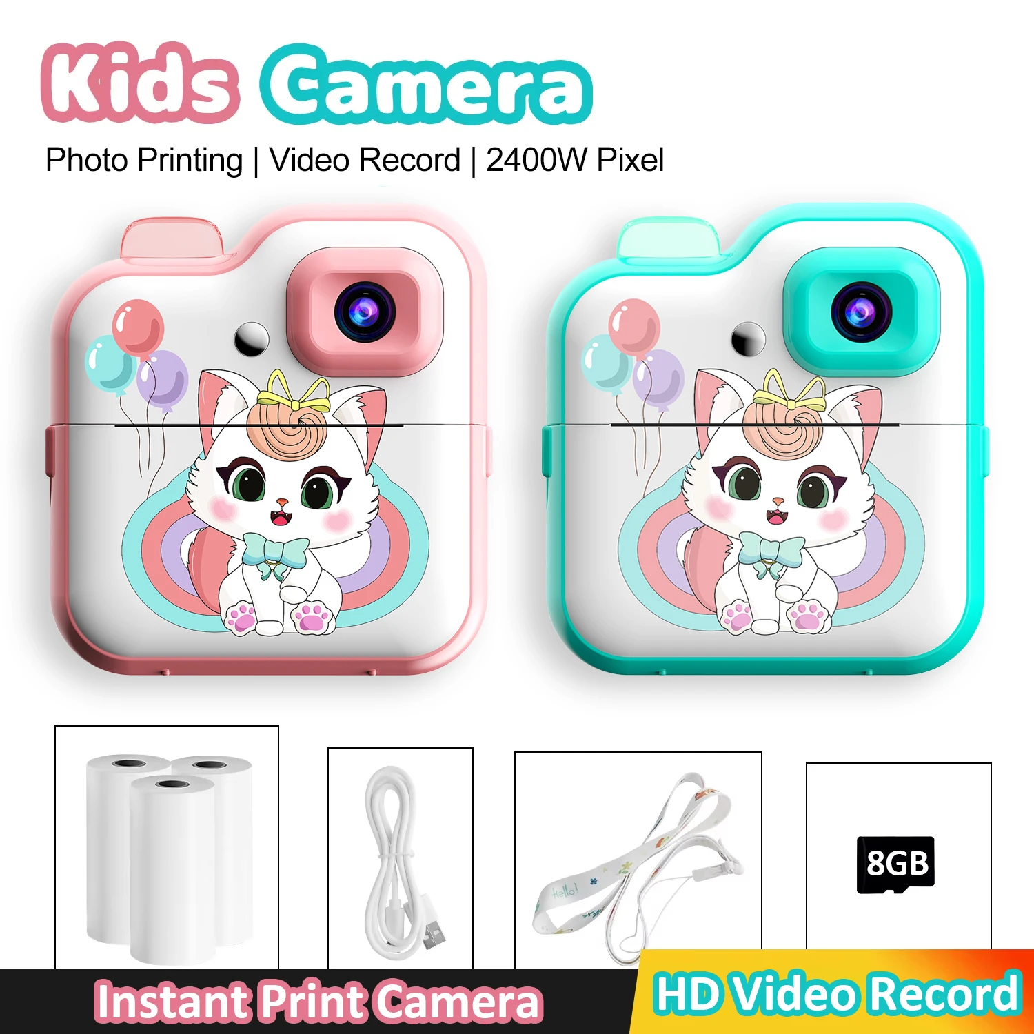 Children HD Digital Camera Instant Print Photo Label Thermal Printing Photograph Video Print Camera Toys With 8G Memory Card