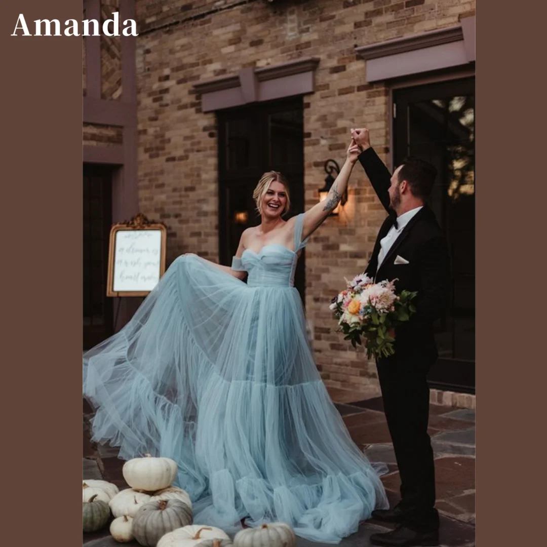 

Amanda Mist Blue A-line Tulle Prom Dress Elegant Off Shoulder فساتين السهرة Sleeveless Plus Size vestido de festa noite