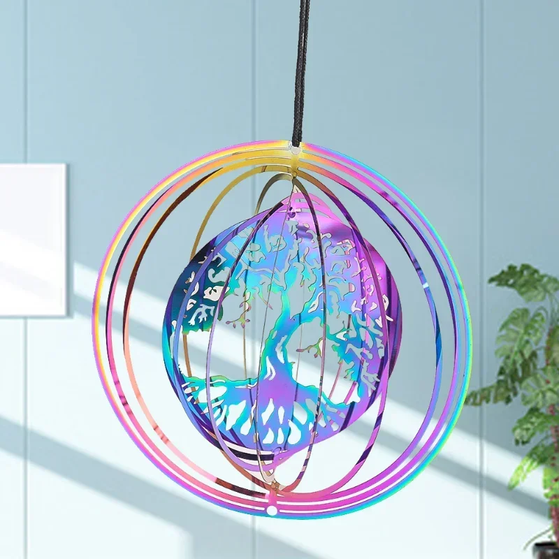 10cm Gradient Color Round Tree Wind Spinner Stainless Steels Garden Hanging Wind Chime Shade DIY  Rotating Bird Repeller Decor