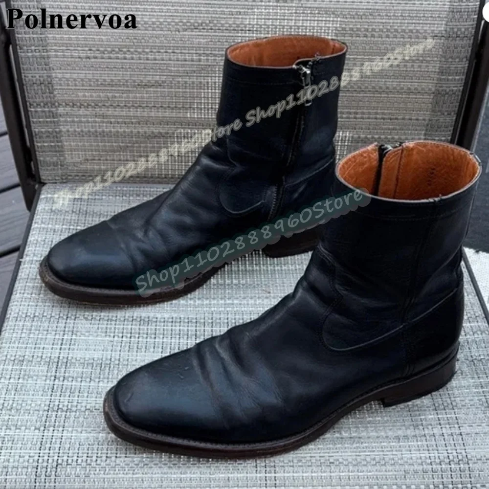 

Casual Black Leather Handmade Ankle Men Boots Flats Dress Shoes For Men Side Zipper Formal Fashionable Catwalk 2026 Men Boots