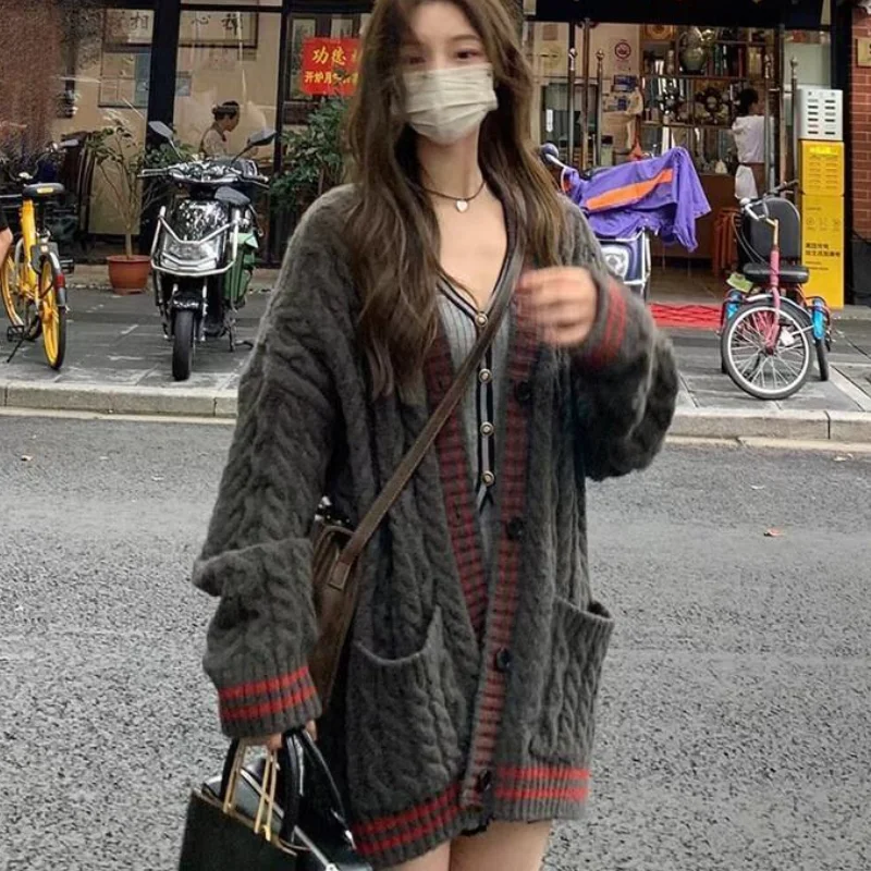 Academy Style Cable Knit Sweater Coat Women Autumn Winter Lazy Mid Long Soft Knitted Cardigan Top Cozy Warm Casual Cardigan