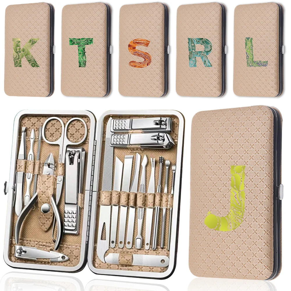 

19Pcs Nail Clipper Set Stainless Steel Manicure Pedicure Tool Kit Nippers Trimmer Organizer PU Case Engrave Image Letter Pattern