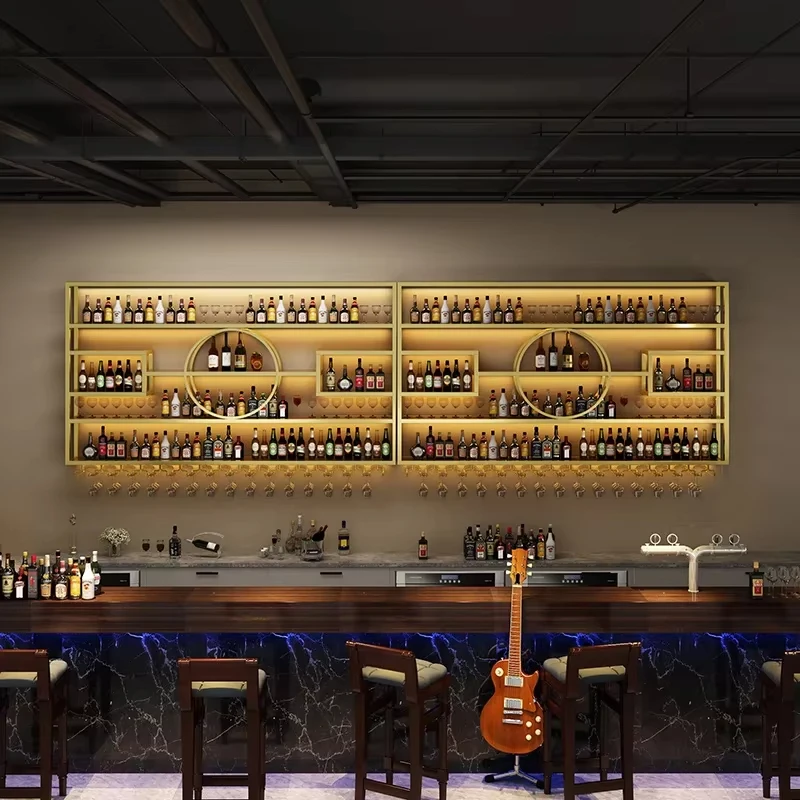 Decoración personalizada para mostrador de Bar, estante luminoso montado en la pared para vino, estante de exhibición para gabinete de vino de uva de hierro montado en la pared