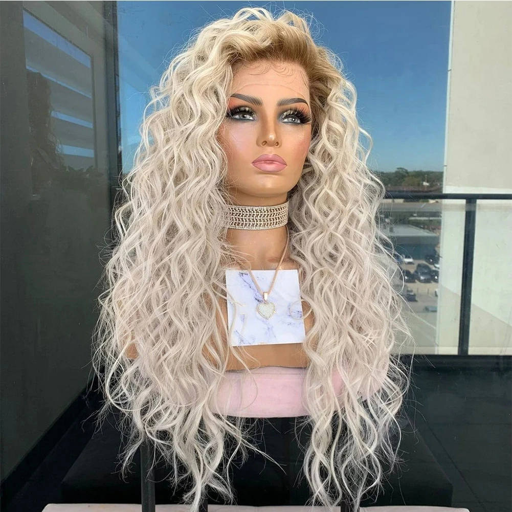 Loose Curly Synthetic Hair Ombre Ash Blonde Lace Front Wigs Glueless Lace Wigs with Baby Hair Pre Plucked Fiber Cosplay Daily